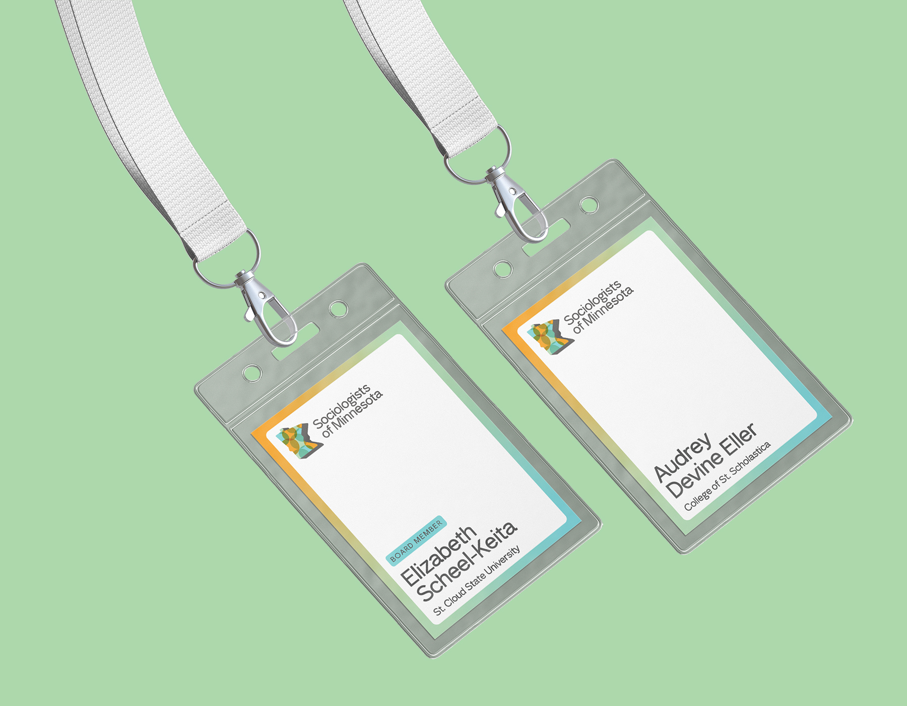 A mockup of a badge to be worn at the SOM conference.