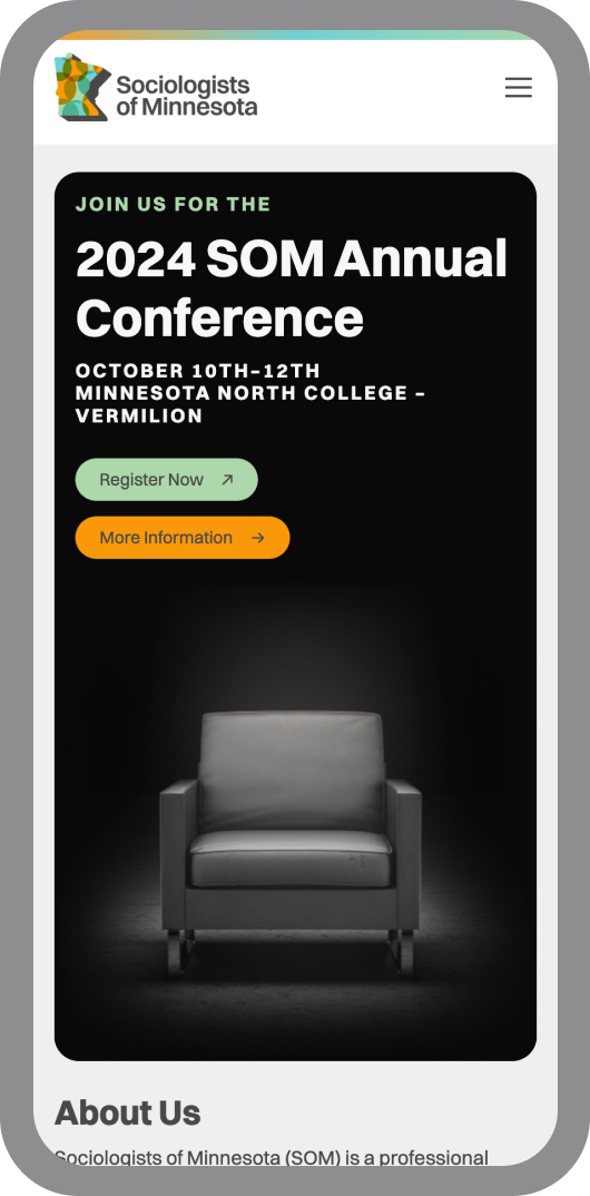 The SOM website's homepage on a mobile phone.