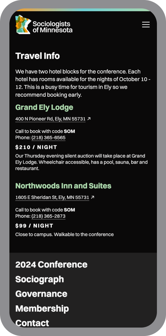 Details from the SOM conference page shown on a mobile phone.