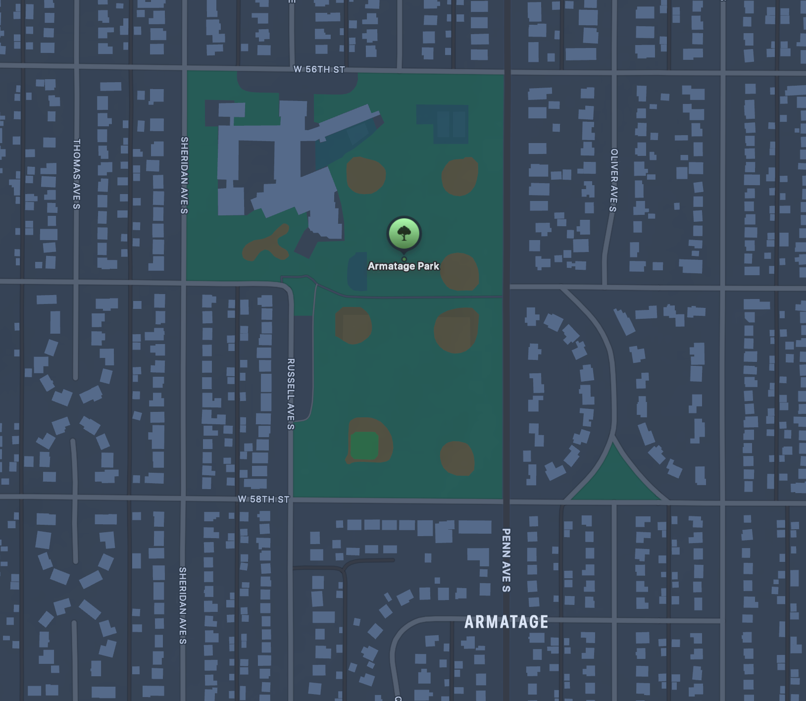 A screenshot of Apple Maps showing Armitage Park in Minneapolis, MN.